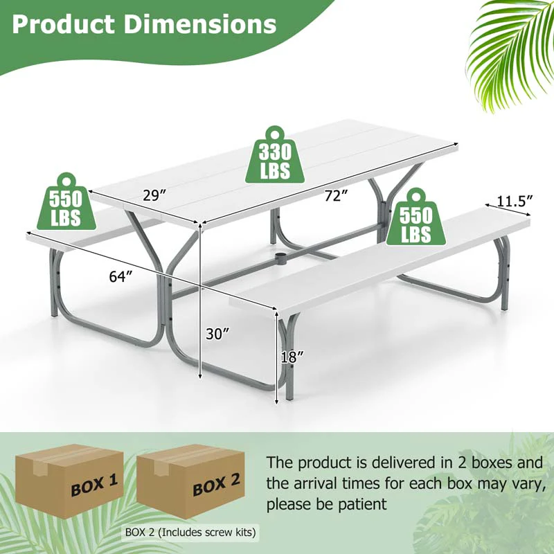 6 FT 8-Person Outdoor Large Picnic Table Bench Set with Umbrella Hole, Metal Frame, All-Weather HDPE Tabletop