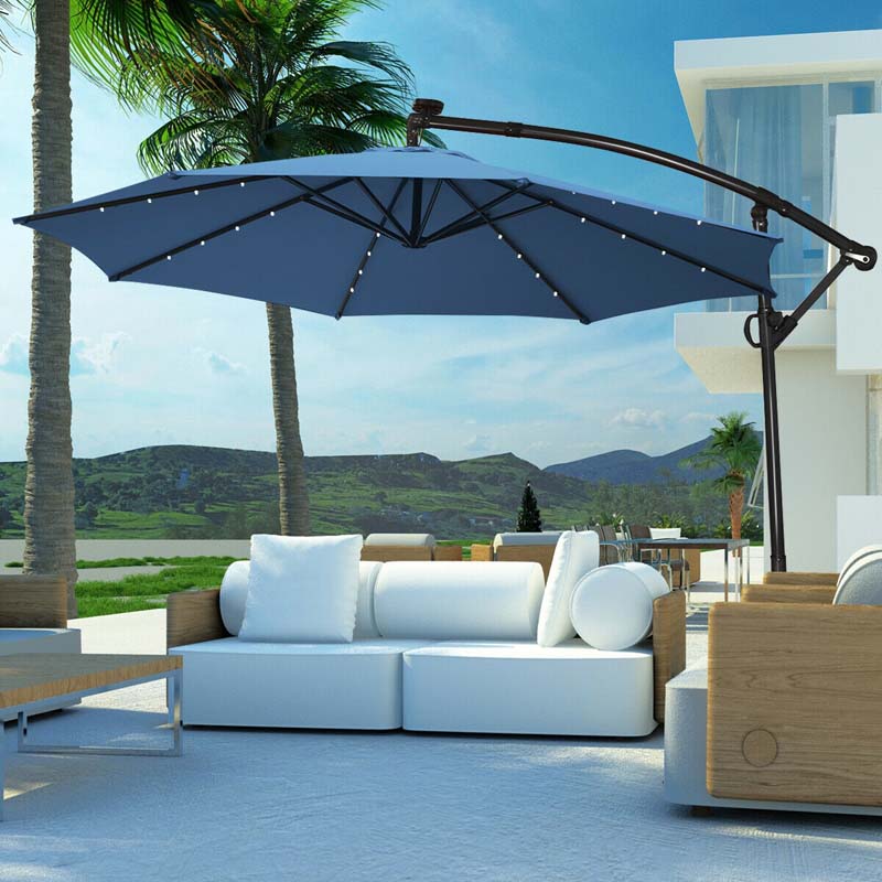 10 FT Patio Offset Umbrella with Solar Lights 360�� Rotation Outdoor Market Umbrella with Crank Handle & Cross Base