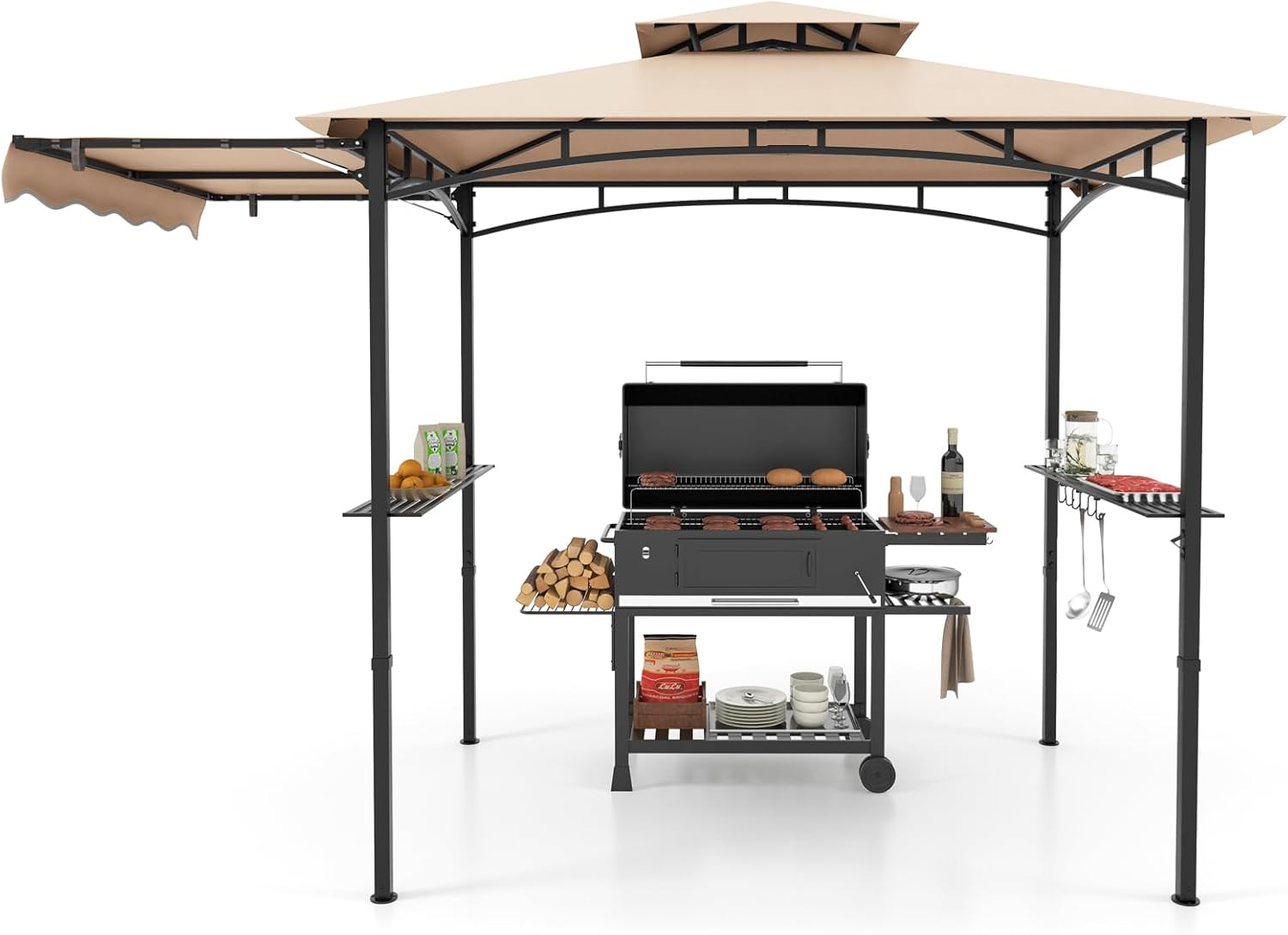 318 * 153cm Grill BBQ Gazebo w/Side Awning, Outdoor Barbecue Canopy w/Double-Tiered Top, 2 Side Shelves, Hanging Hooks, Bottle Opener, Metal Frame, Patio Garden Deck Lawn Grilling Shelter (Beige)