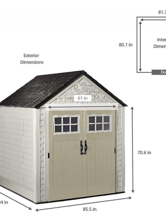 Rubbermaid 7��7 Ft Durable Weather Resistant Resin Outdoor Garden Storage Shed with Windows and Utility Hooks, Sand
