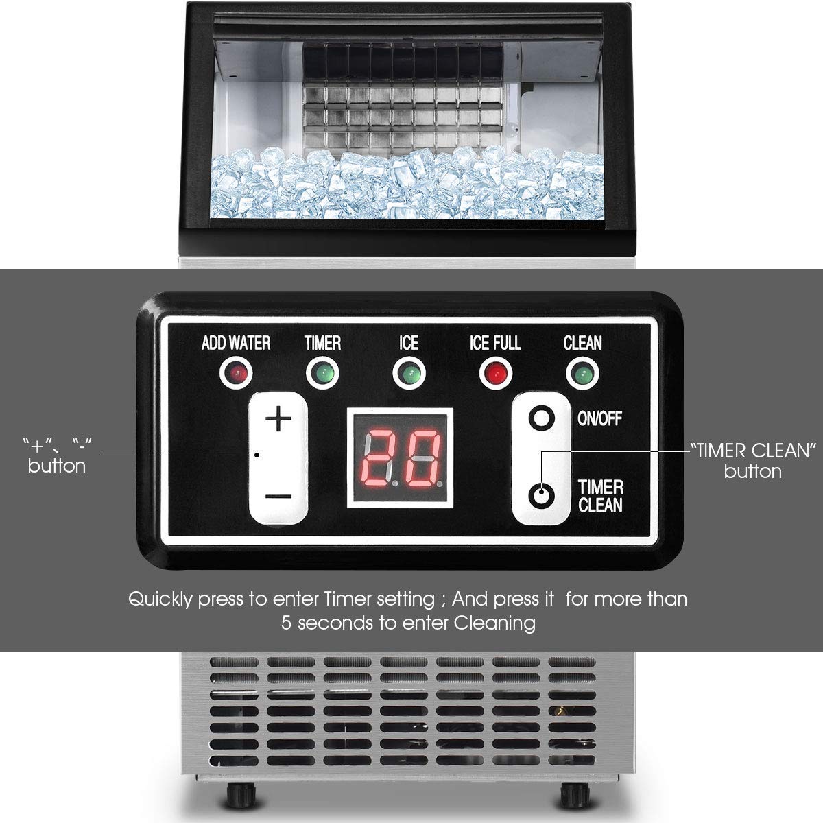 Commercial Home Ice Maker Machine, Built-in Stainless Steel Electric Ice Cube Maker, 33lbs Storage Capacity & Ice Shovel
