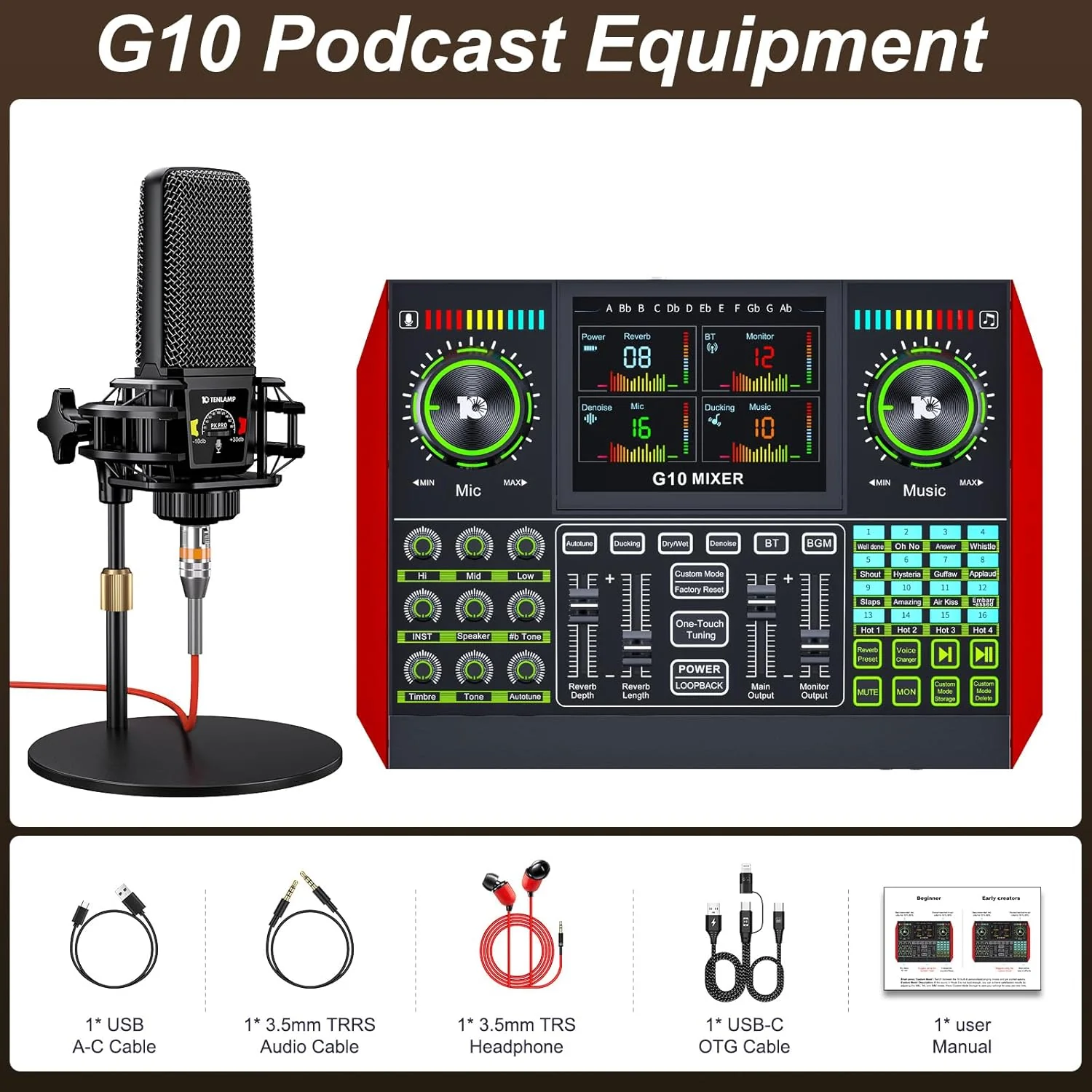 Podcast Equipment Bundle,with 3.5mm Condenser Microphone & Live Sound Card - Audio Mixer for Streaming, PC/Mobile Live Singing, Gaming Content Creators, Soundboard with USB Computer Interface