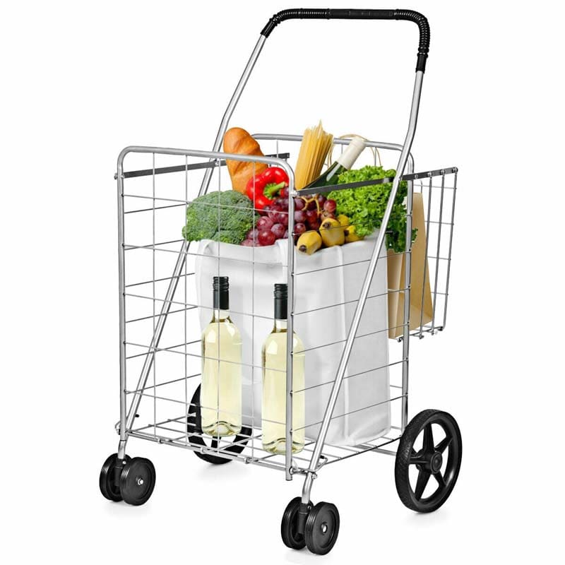 Jumbo Folding Shopping Cart Large Rolling Grocery Utility Cart with Double Basket & 360�� Swivel Wheels