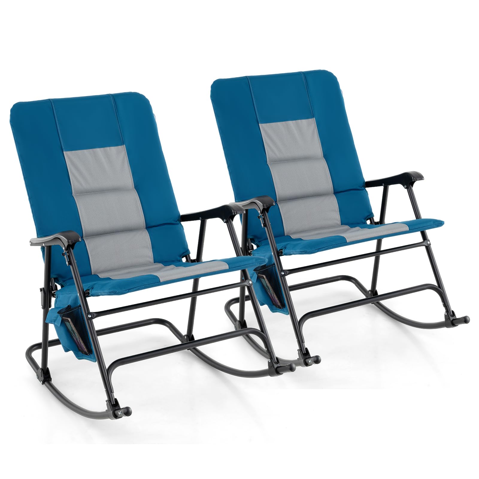 Oversized Folding Rocking Chair, Padded Patio Lounge Rocker w/Metal Frame, Armrests, Side Pocket