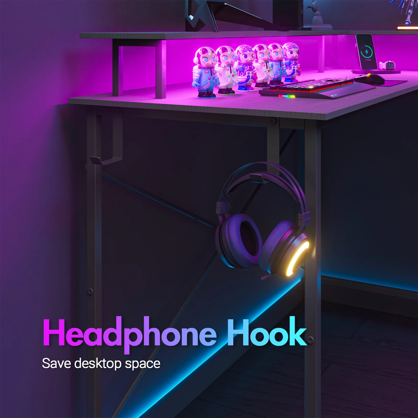 L Shaped Gaming Desk with LED Lights