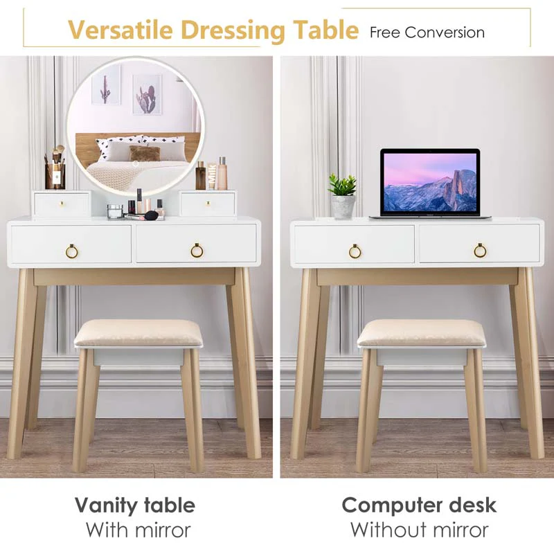 Modern Makeup Vanity Set with Touch Screen Dimming Mirror and 3 Color LED Lighting Modes, Jewelry Divider Dressing Table