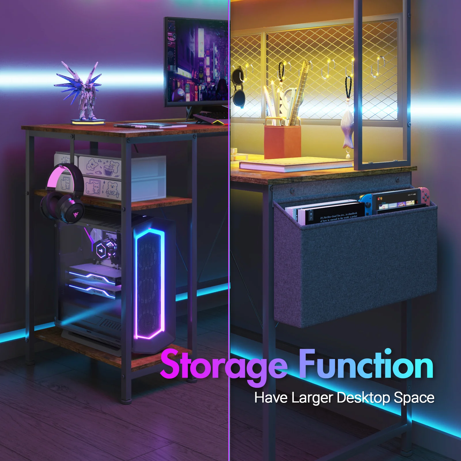 L Shaped Gaming Desk with LED Lights &  Storage Shelf