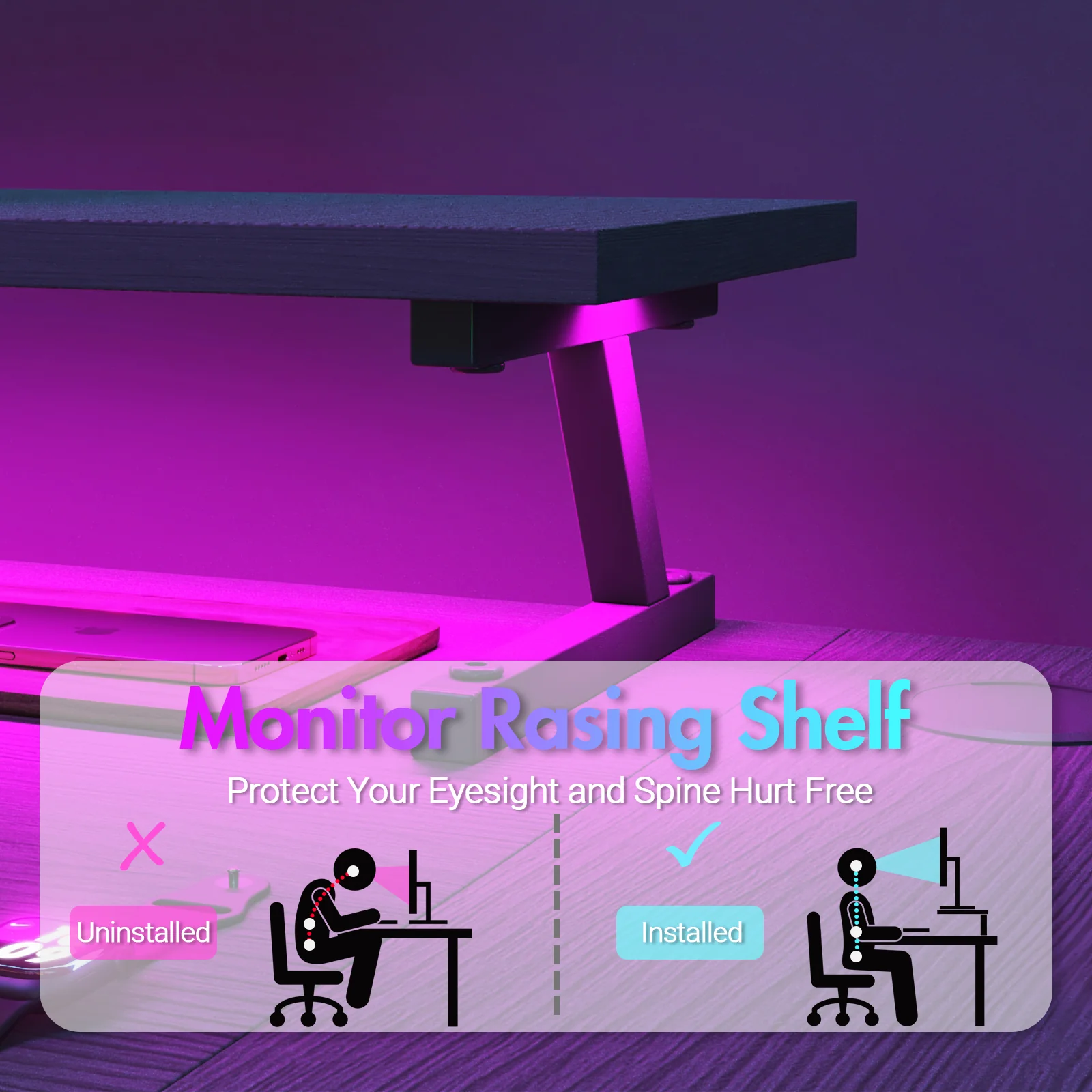 L Shaped Gaming Desk with LED Lights Black