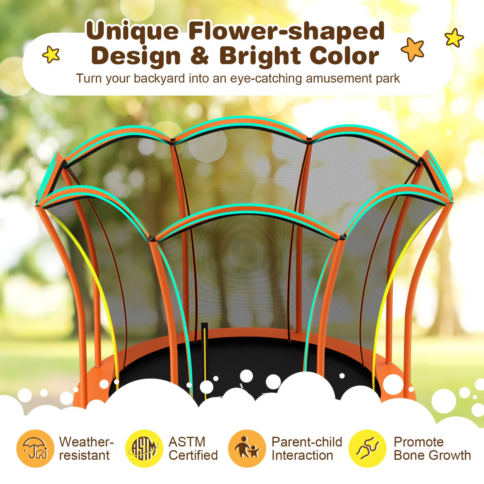 8FT/ 10FT Outdoor Trampoline, ASTM Approved Trampoline with Unique Flower Shape