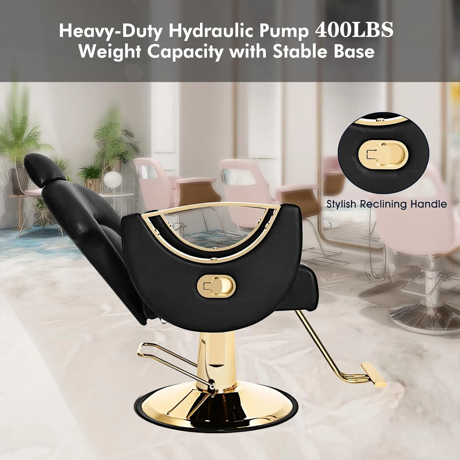 Artist Hand Salon Chair Reclining Barber Chair Oversized Hydraulic Pump Heavy Duty Hair Salon Chair 360 Degree Swivel Hair Chair for Hair Stylist, Beauty Spa Equipment Max Load 400 LBS, Black and Gold