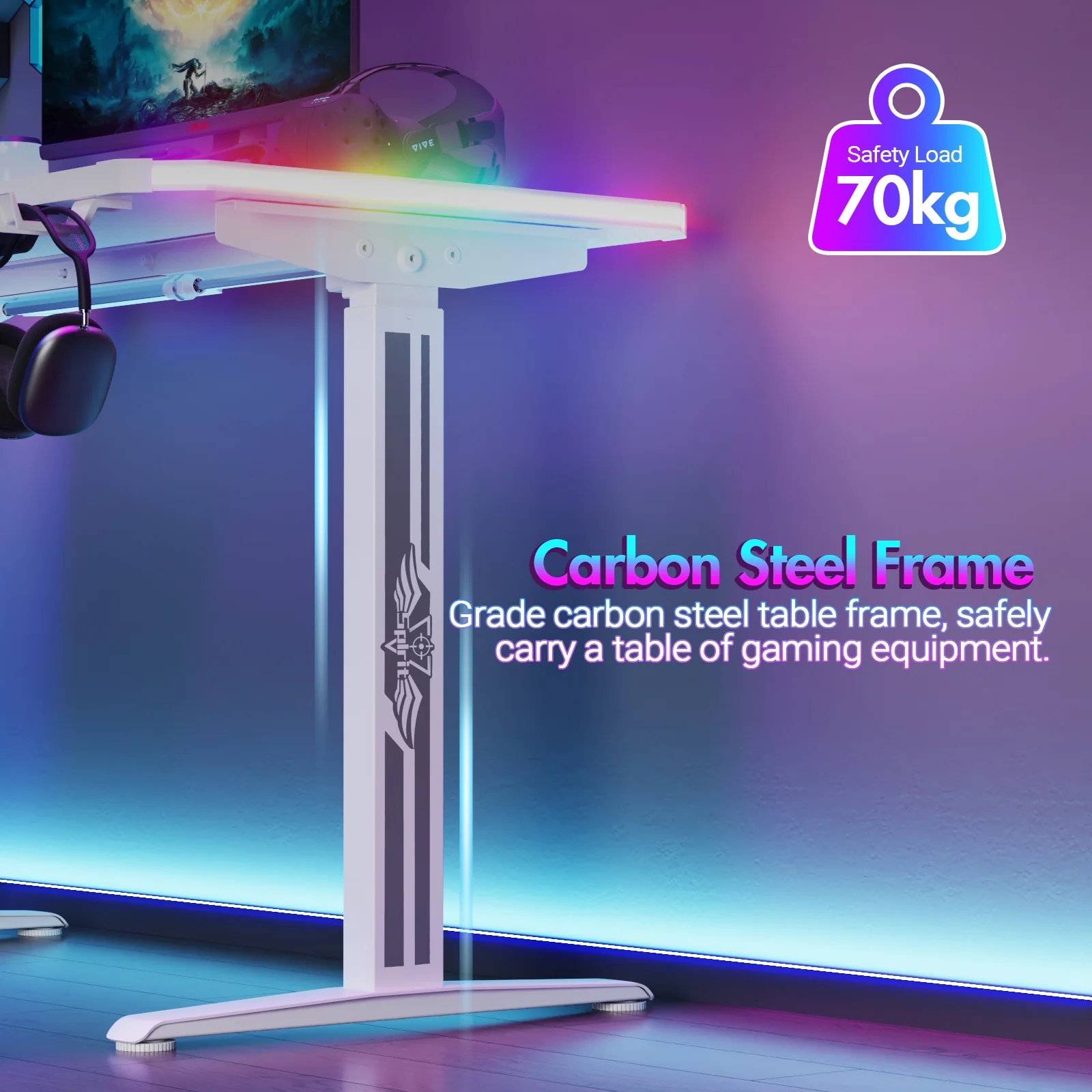 Electric Standing Gaming Desk RGB LED White