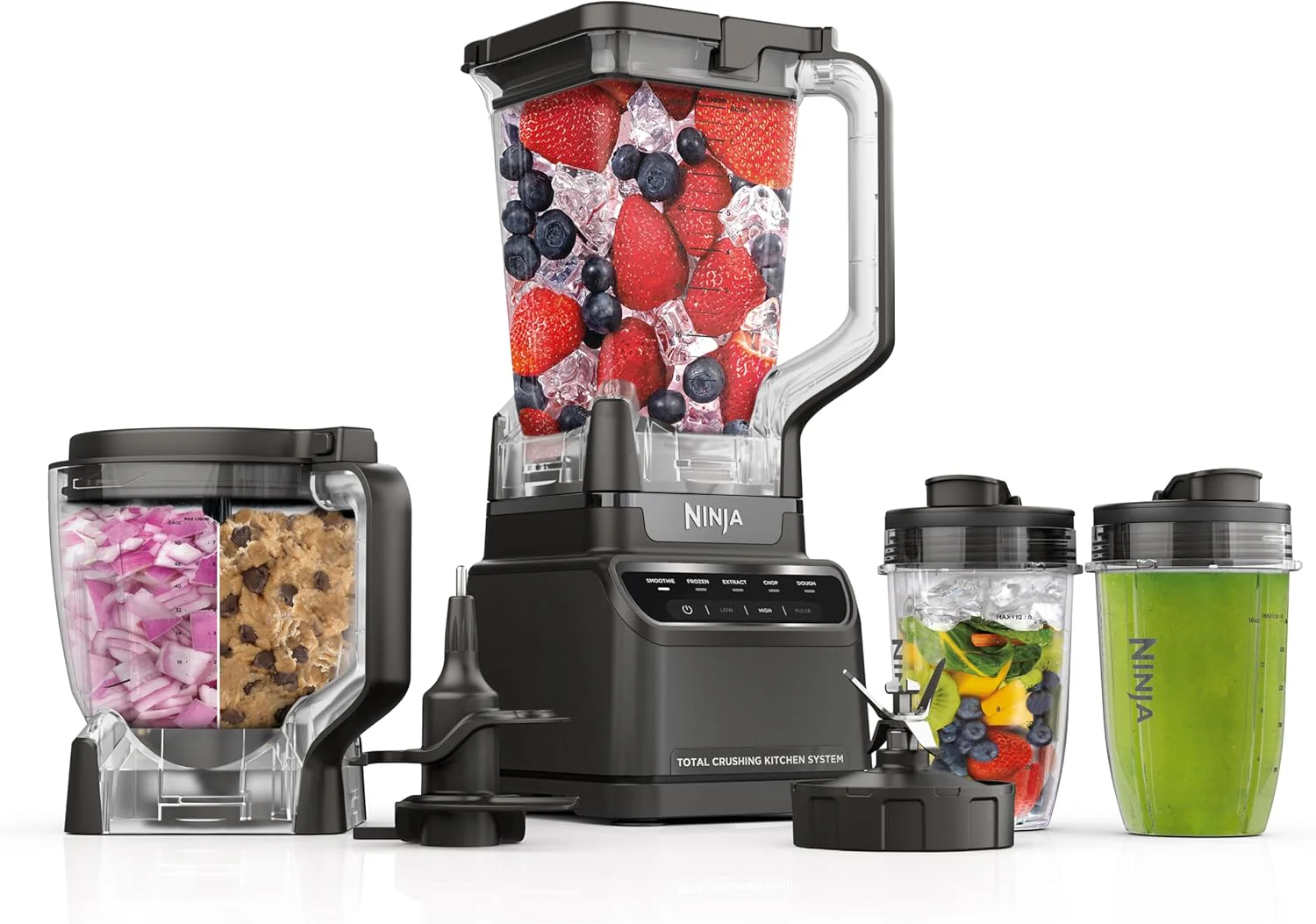 Blender, Mega Kitchen System, 1500W, 4 Functions for Smoothies, Processing, Dough, Drinks & More, with 72 Blender Pitcher, 64 Processor Bowl, 2 Nutri Cups + Lids, Black, BL770