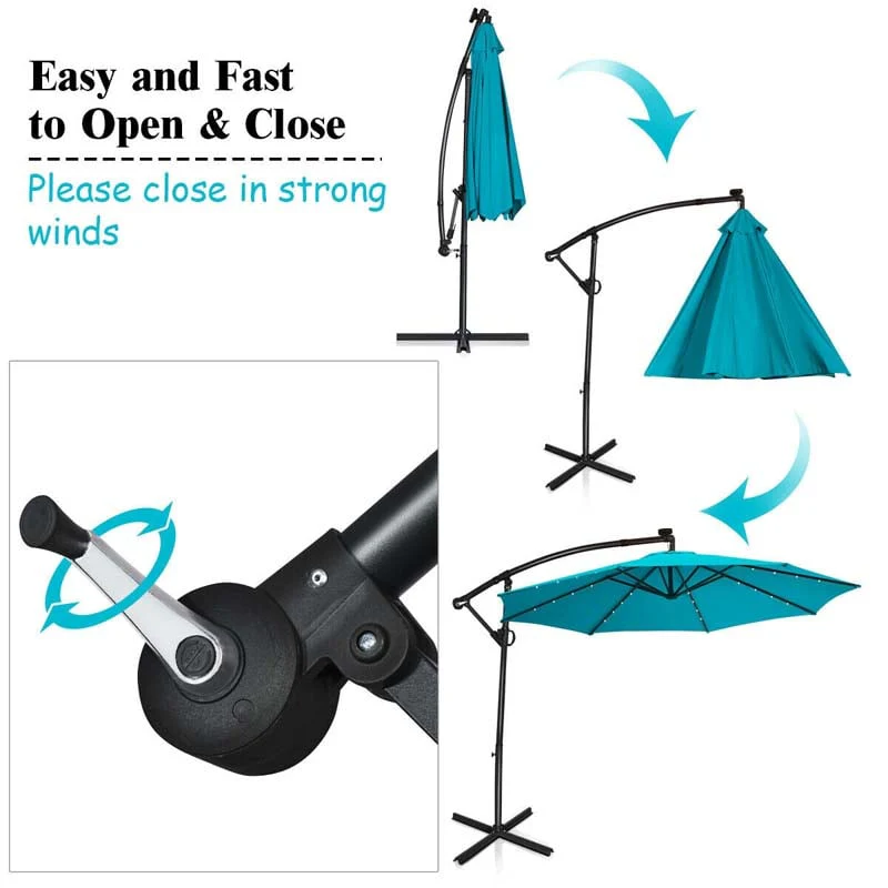 10 FT Patio Offset Umbrella with Solar Lights 360�� Rotation Outdoor Market Umbrella with Crank Handle & Cross Base