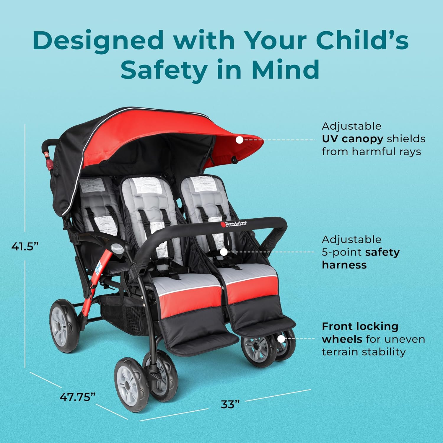 Compass Quad 4 Seat Stroller | 4-Seat Stroller for Daycare | Oversized UV Blocking Canopy | 5-Point Harness | Easy Loading | Storage Bucket | Teal