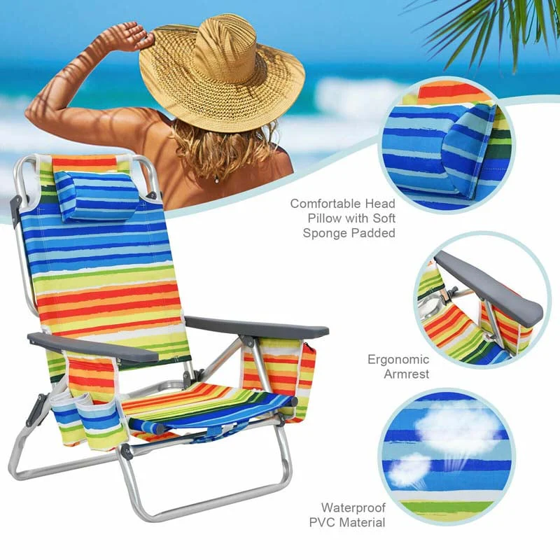 2-Pack Folding Beach Chair, Backpack Lawn Chairs, Sling Camping Chair, Patio Reclining Chairs with 5 Adjustable Position, Head Pillow