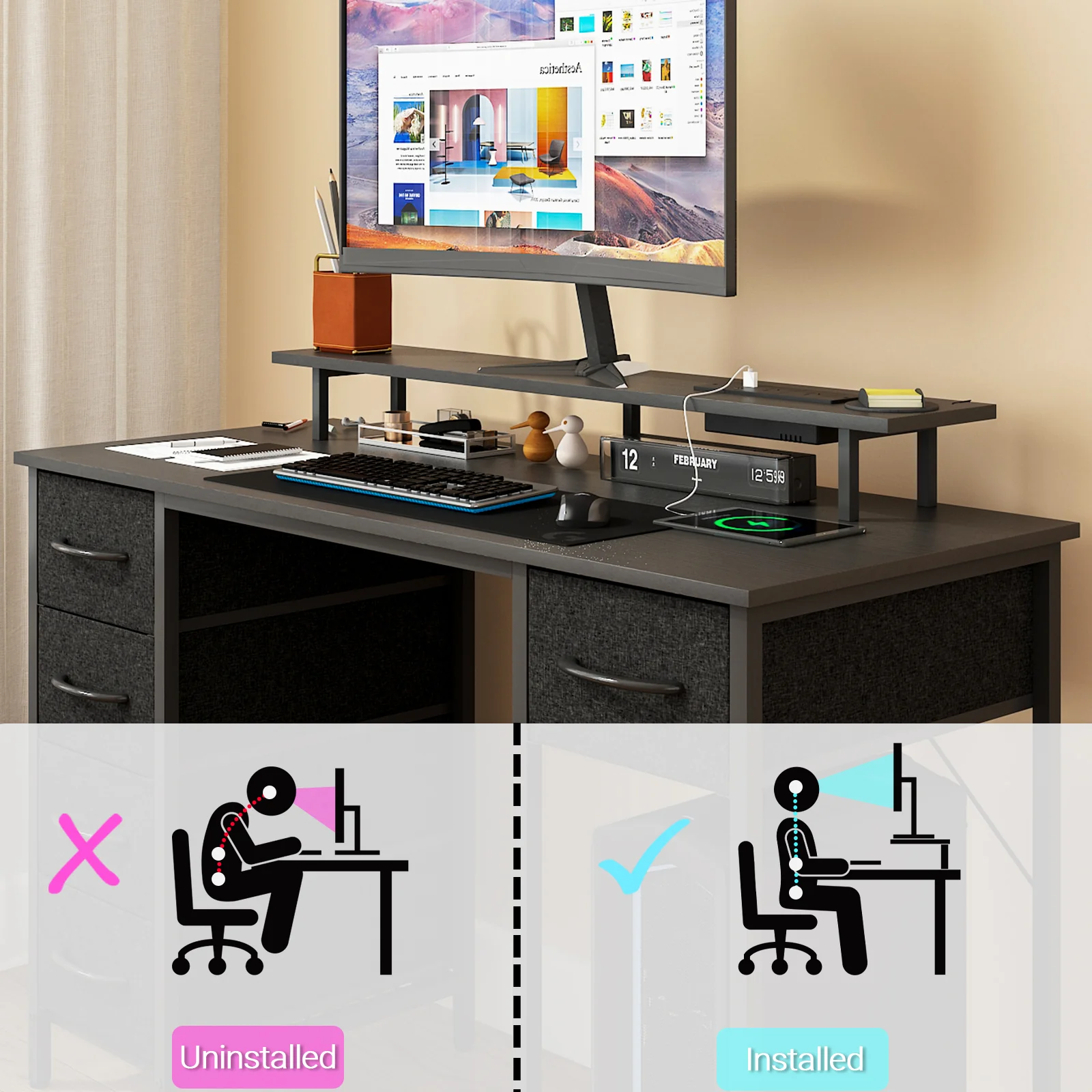 Gaming Desk with LED Lights with Monitor Stand 120cm