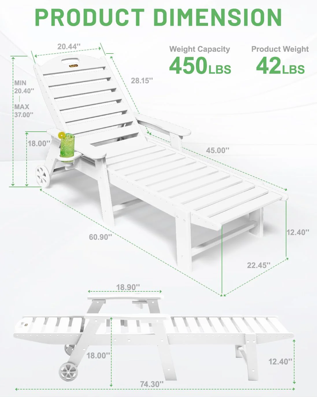 Lounge Chair Outdoor, Chaise Lounge, HDPE 6-Position Outdoor Chaise Lounge, Patio Lounge Chair with Wheels & Cup Holder for Pool Poolside Deck Backyard, Teak
