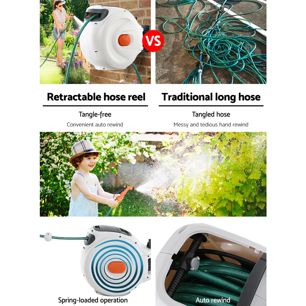 Green Fingers Water Hose Reel 30M Retractable Garden Brass Spray Gun Auto Rewind