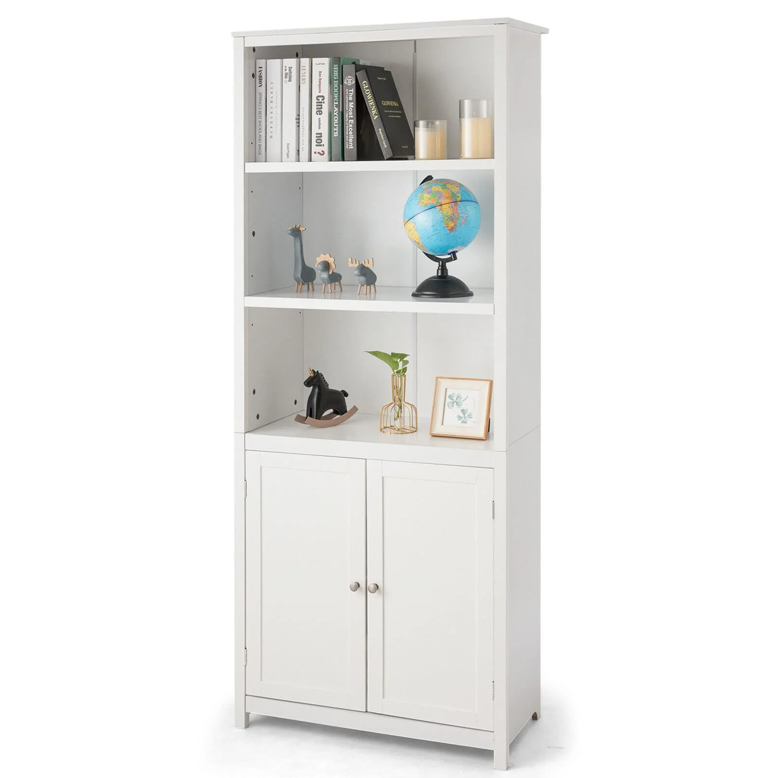 Giantex 182CM Bookcase with Doors, 3 Tier Open Book Shelving, Standing Wooden Display Bookcase