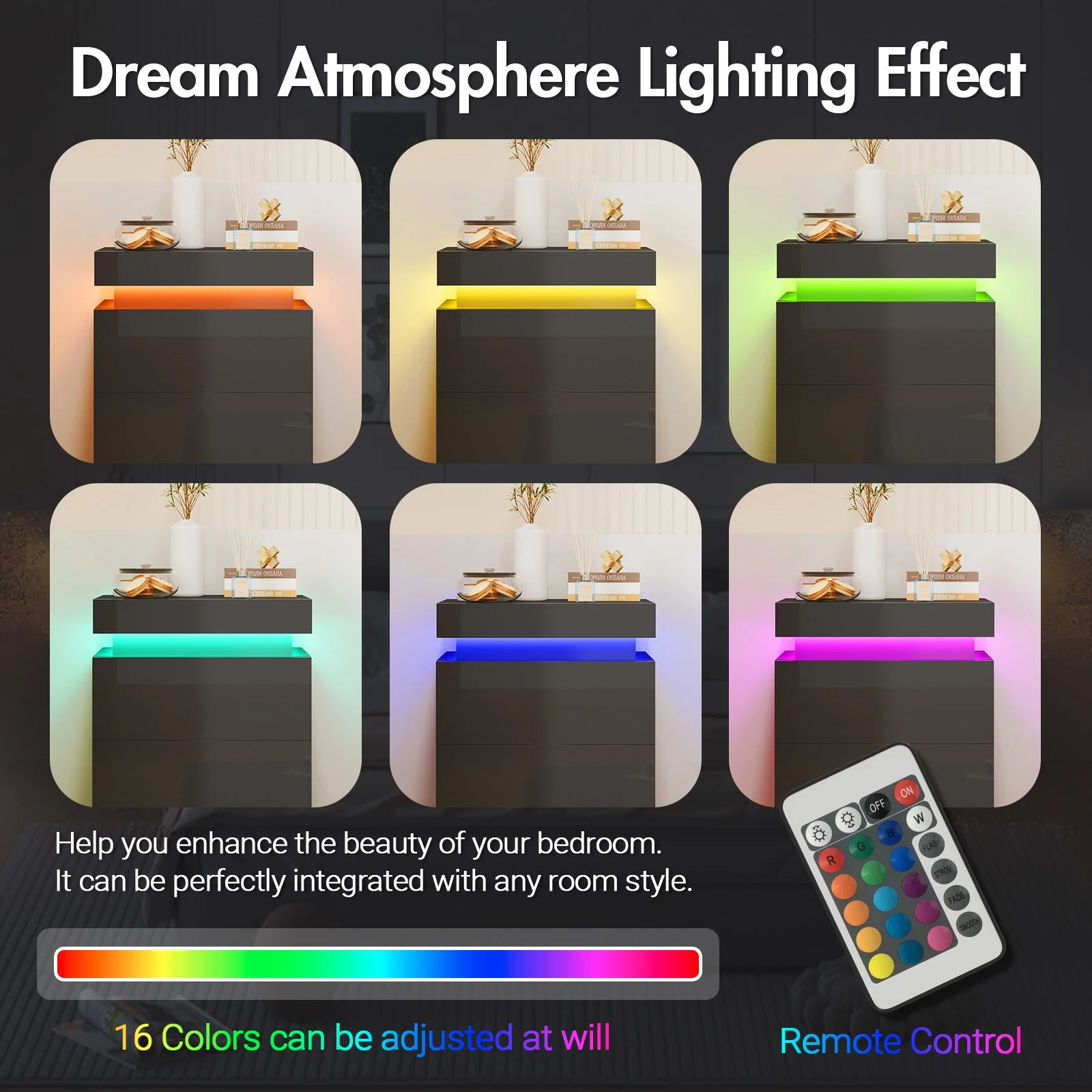 Set of 2 Bedside Table With Nightstand LED