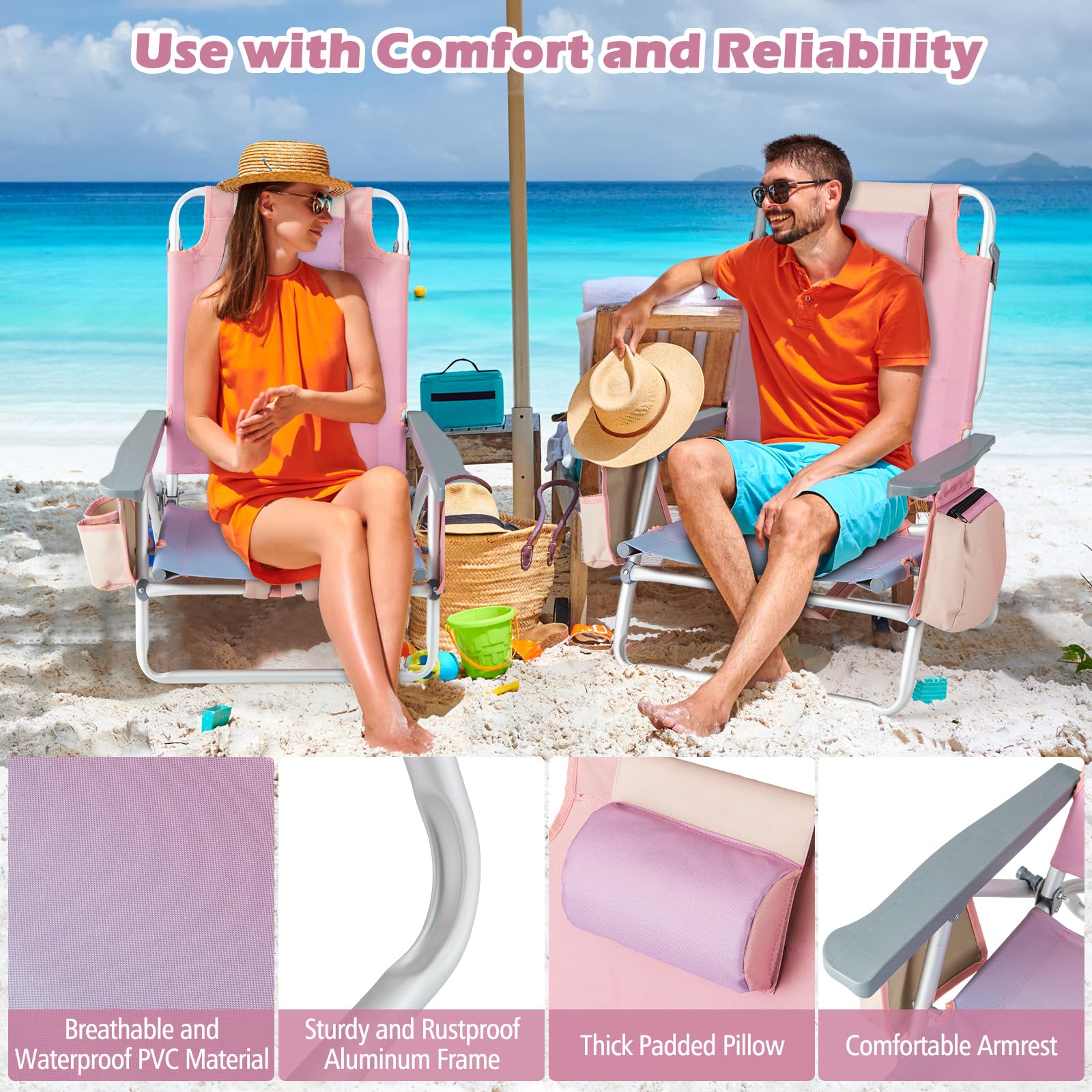 Backpack Beach Chairs, 4 Pcs Portable Camping Chairs with Cool Bag and Cup Holder