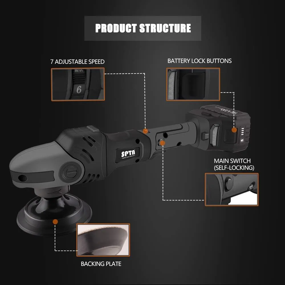 18V Cordless Car Polisher, 15mm Orbit 2000-4800 OPM Portable Buffer Polisher with 7 Variable Speed 2Pcs 4.0Ah Battery, 6 Sponge Pads,2 Wool Pad, Tool Bag for Car Polishing, Waxing