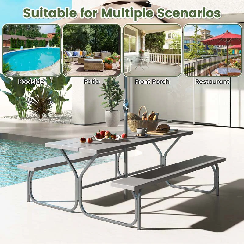 6 FT 8-Person Outdoor Large Picnic Table Bench Set with Umbrella Hole, Metal Frame, All-Weather HDPE Tabletop