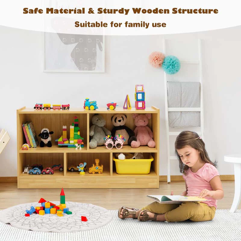 2-Shelf Kids Bookcase 5-Cube Wood Toy Storage Cabinet Organizer for Classroom, Playroom, Nursery, Kindergarten