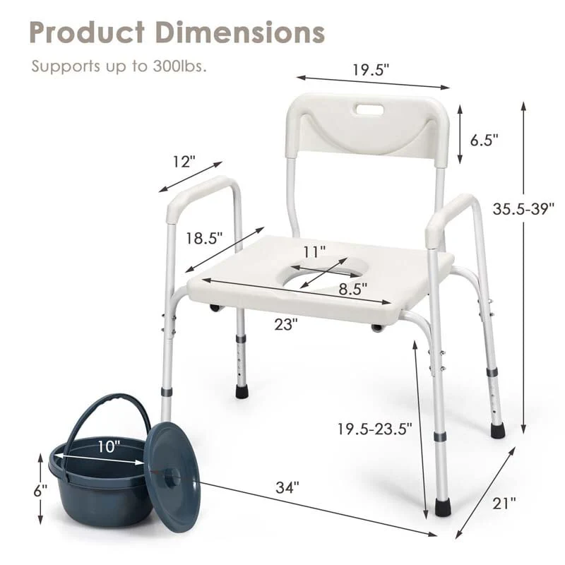 3-in-1 Bedside Commode Chair, Height Adjustable Toilet Seat, Portable Toilet Bath Shower Chair for Elders