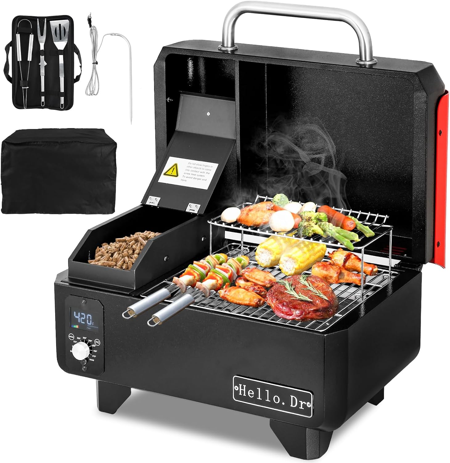 Hello.Dr Portable Wood Pellet Grill & Smoker, 8-in-1 Electric BBQ with Intelligent Temp Control, Ideal for RV Camping & Tailgating, Black