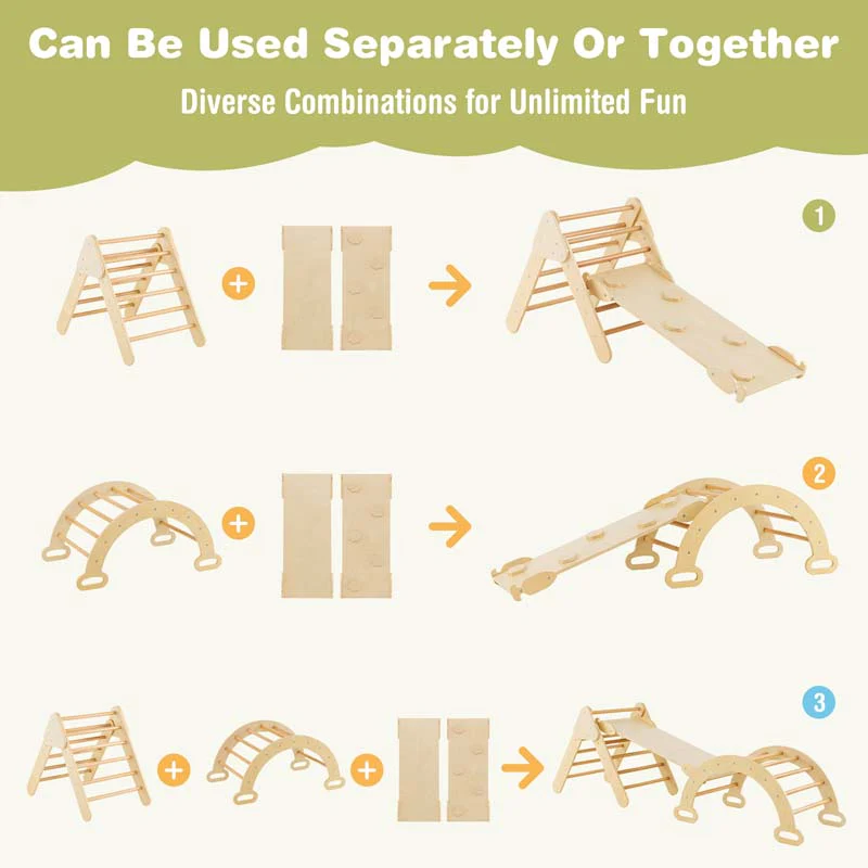 5-in-1 Montessori Wooden Climbing Toys for Toddlers, Arch Climber Ladder with Sliding Ramp, Kids Triangle Climber Play Gym Set