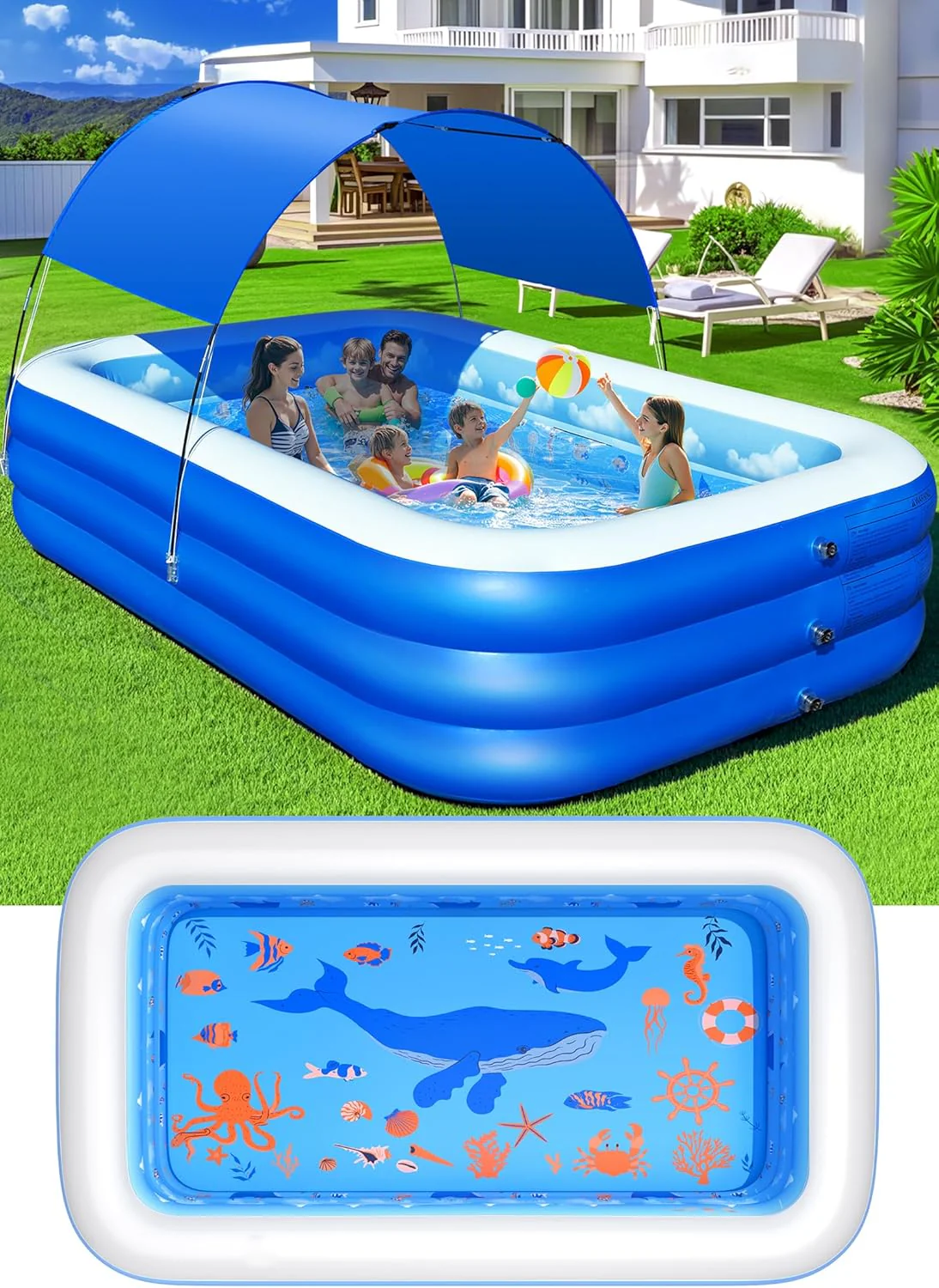 Inflatable Pool with Canopy,Upgraded Inflatable Swimming Pool for Kids,Adult,Large Inflatable Blow up Pools,Ocean Theme Oversized Thickened 105