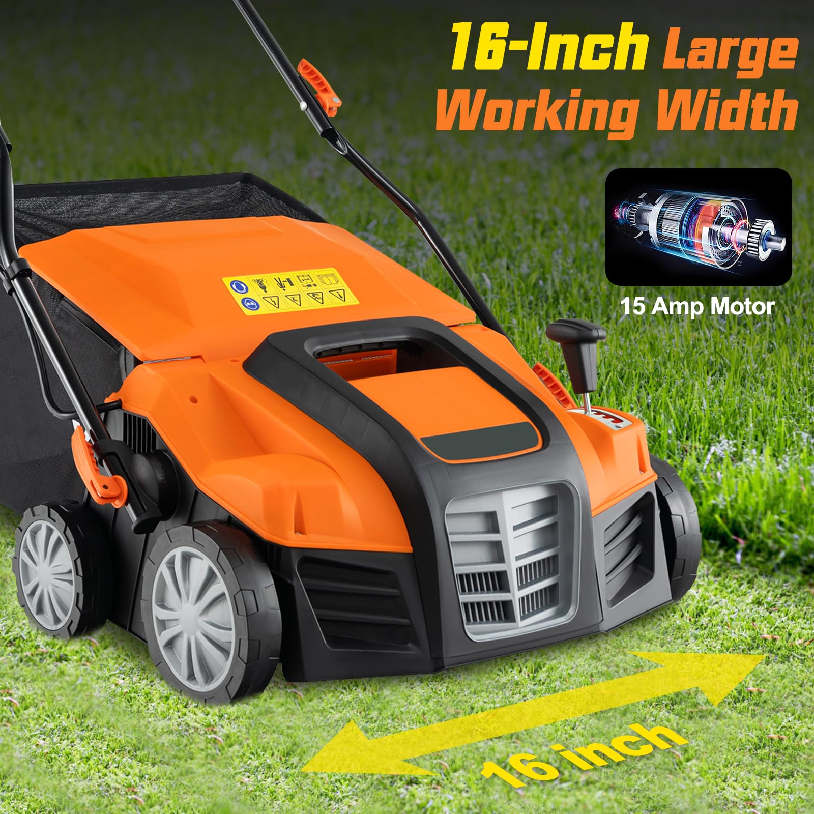 2-in-1 Scarifier and Lawn Dethatcher, 16-Inch 15A Corded Electric Dethatcher w/ 14.5-Gal Collection Bag