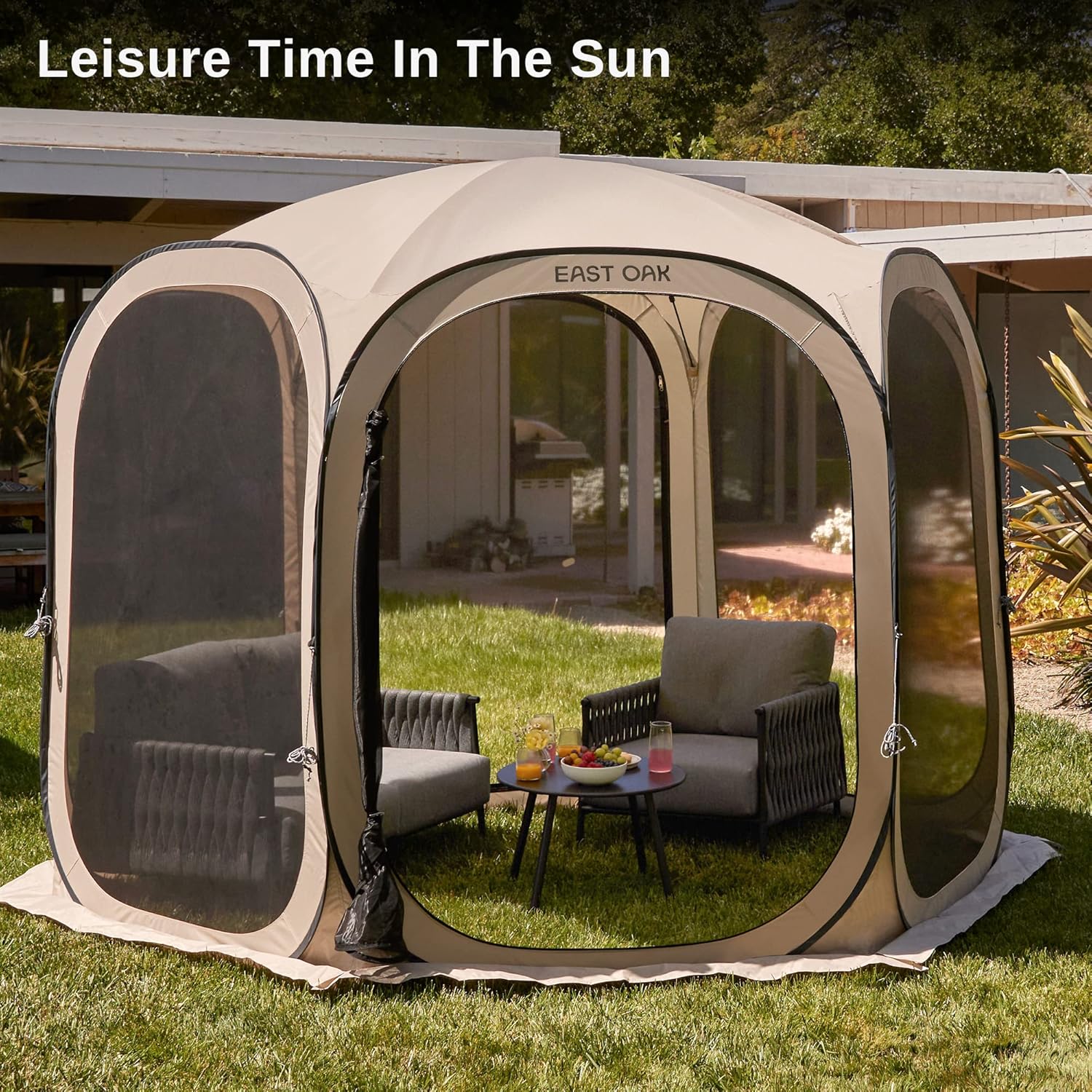 EAST OAK Screen House Tent Pop-Up, Portable Screen Room Canopy Instant Screen Tent 10 x 10 FT with Carry Bag for Patio, Backyard, Deck & Outdoor Activities, Beige