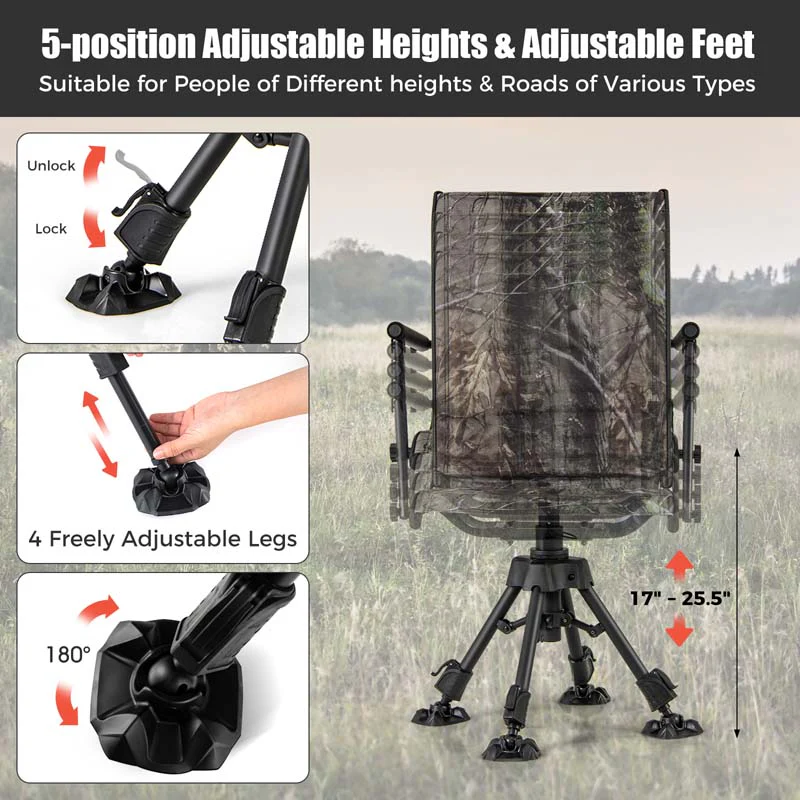 360�� Swivel Silent Folding Hunting Blind Chair for Shooting Fishing, Portable Sniper Seat with 4 Adjustable Legs, All-Terrain Foot Pads
