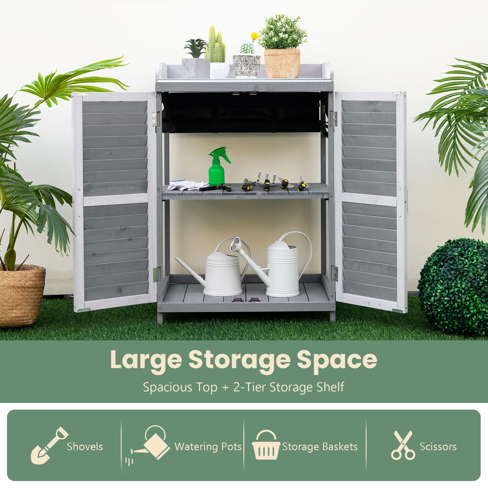 Goplus Outdoor Potting Bench Table, Garden Storage Cabinet w/Metal Tabletop