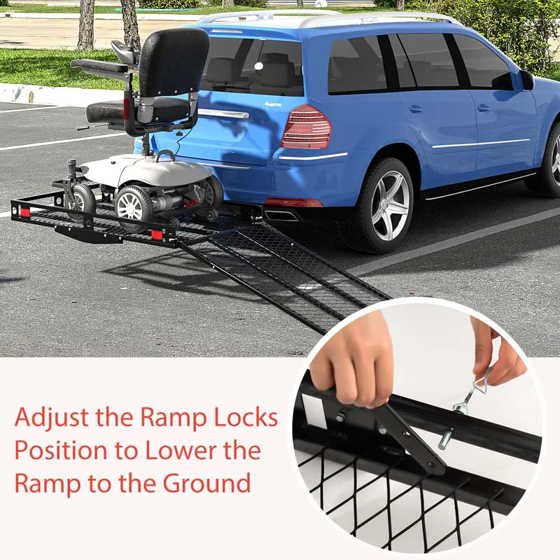500 LBS Folding Hitch Mount Wheelchair Carrier, Mobility Scooter Loading Ramp w/2 Tie Down Straps, Heavy Duty Strong Hitch Cargo Carrier
