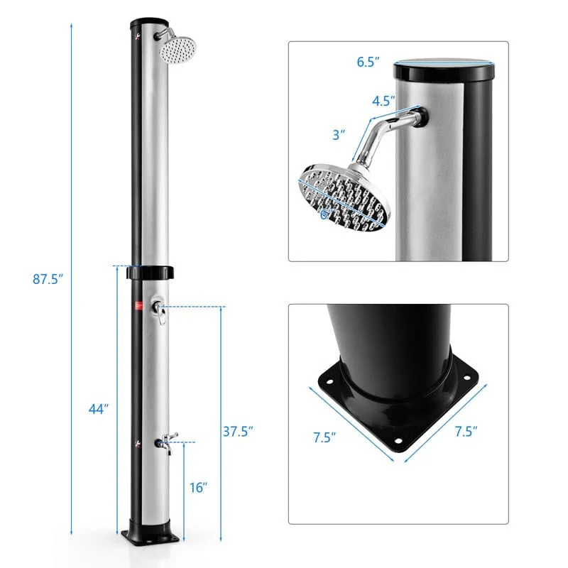 7.2 FT 10 Gallon Solar-Heated Outdoor Shower, 360�� Swivel Shower Head Freestanding Shower for Poolside Beach