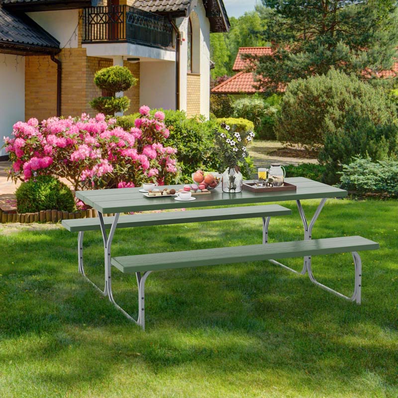 6 FT 8-Person Outdoor Large Picnic Table Bench Set with Umbrella Hole, Metal Frame, All-Weather HDPE Tabletop