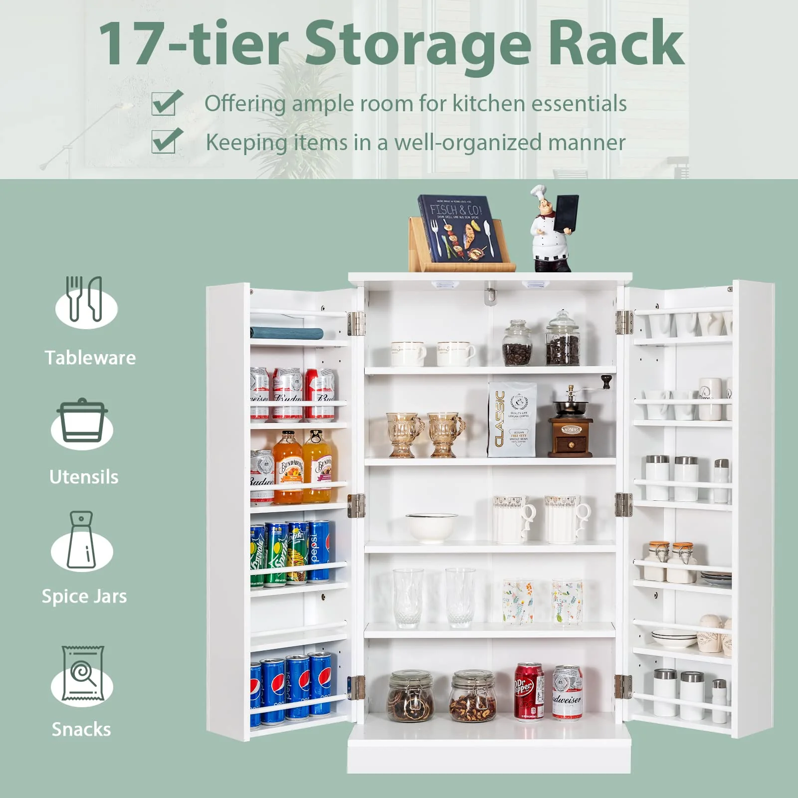 Giantex 2-Door Pantry Cabinet w/ 6 Adjustable Shelves, 17-Tier Buffet Sideboard, Kitchen Storage Cabinet