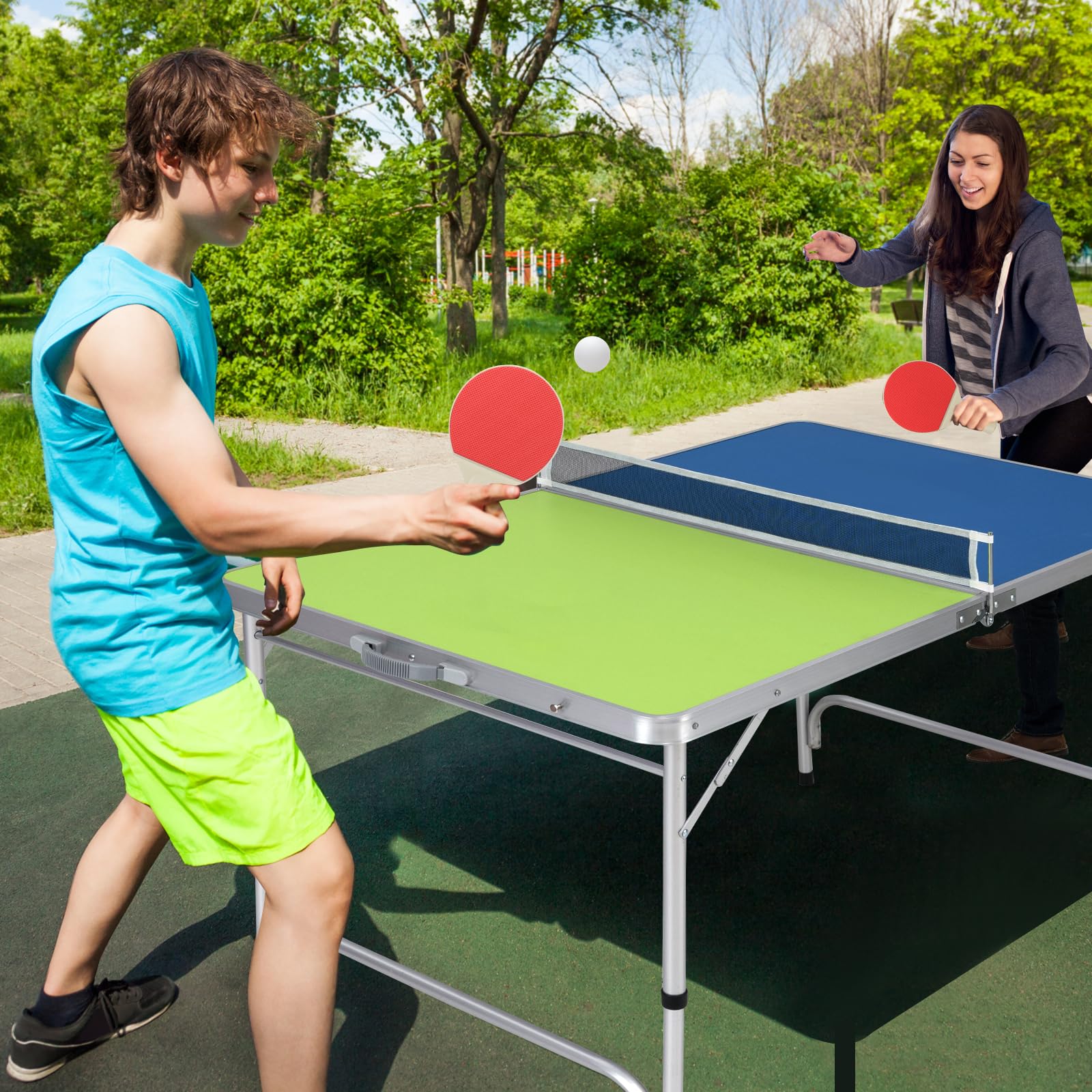Foldable Ping Pong Table, 100% Preassembled, Table Tennis Table with Net, 2 Paddles( Blue&Green-47'' )