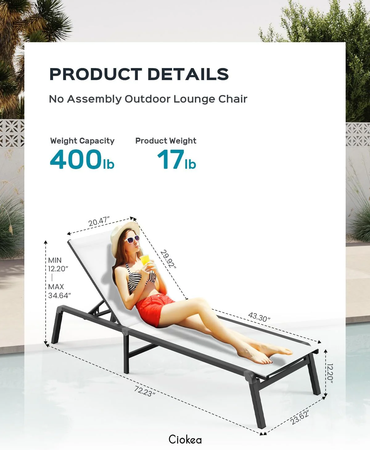Aluminum Chaise Lounge Ourdoor - Foldable & Assemble Free Outdoor Lounge Chair with 5 Adjustable Backrest, Patio Lounge Chair for Outside Poolside Beach Pool, Black