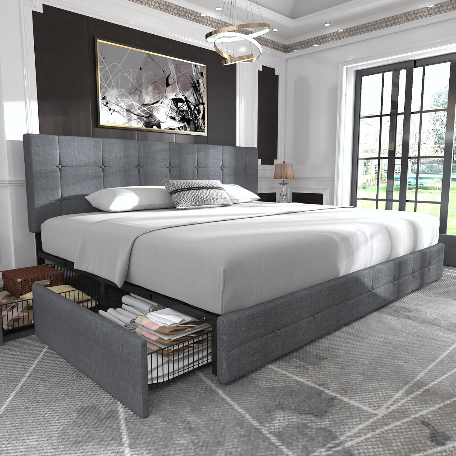 Allewie Upholstered Queen Size Platform Bed Frame with 4 Storage Drawers and Headboard, Square Stitched Button Tufted, Mattress Foundation with Wooden Slats Support, No Box Spring Needed, Light Grey