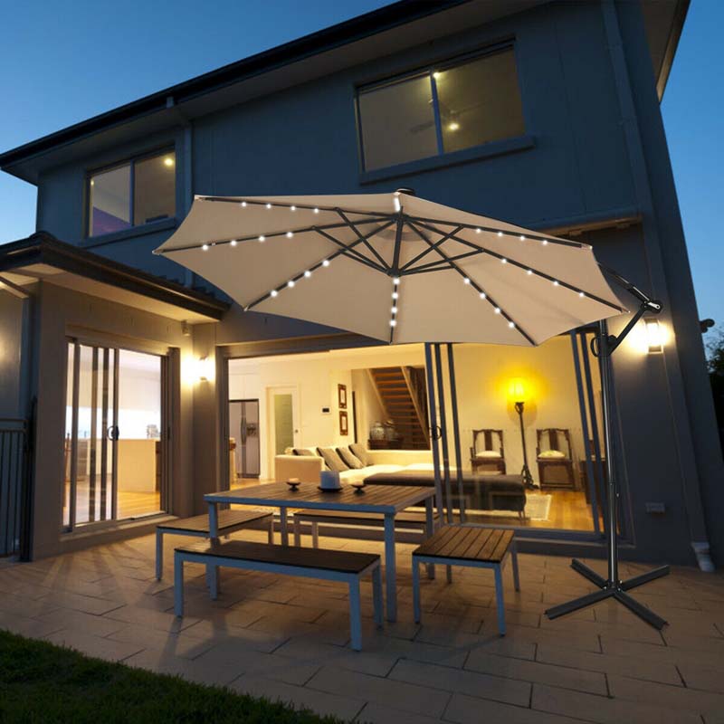 10 FT Patio Offset Umbrella with Solar Lights 360�� Rotation Outdoor Market Umbrella with Crank Handle & Cross Base