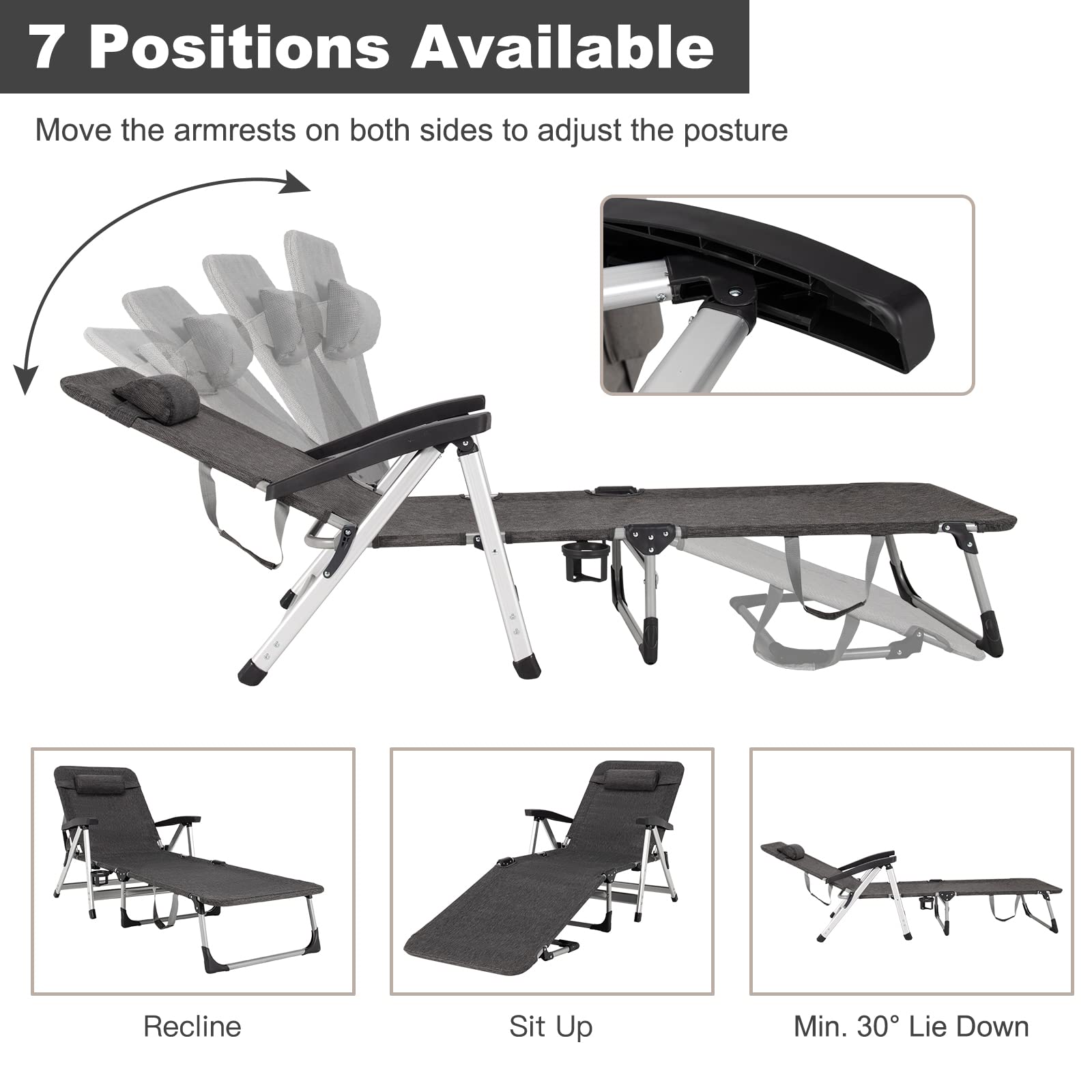 Chaise Lounge Chair, Folding Outdoor Patio Lounger with Cup Holder & Detachable Headrest