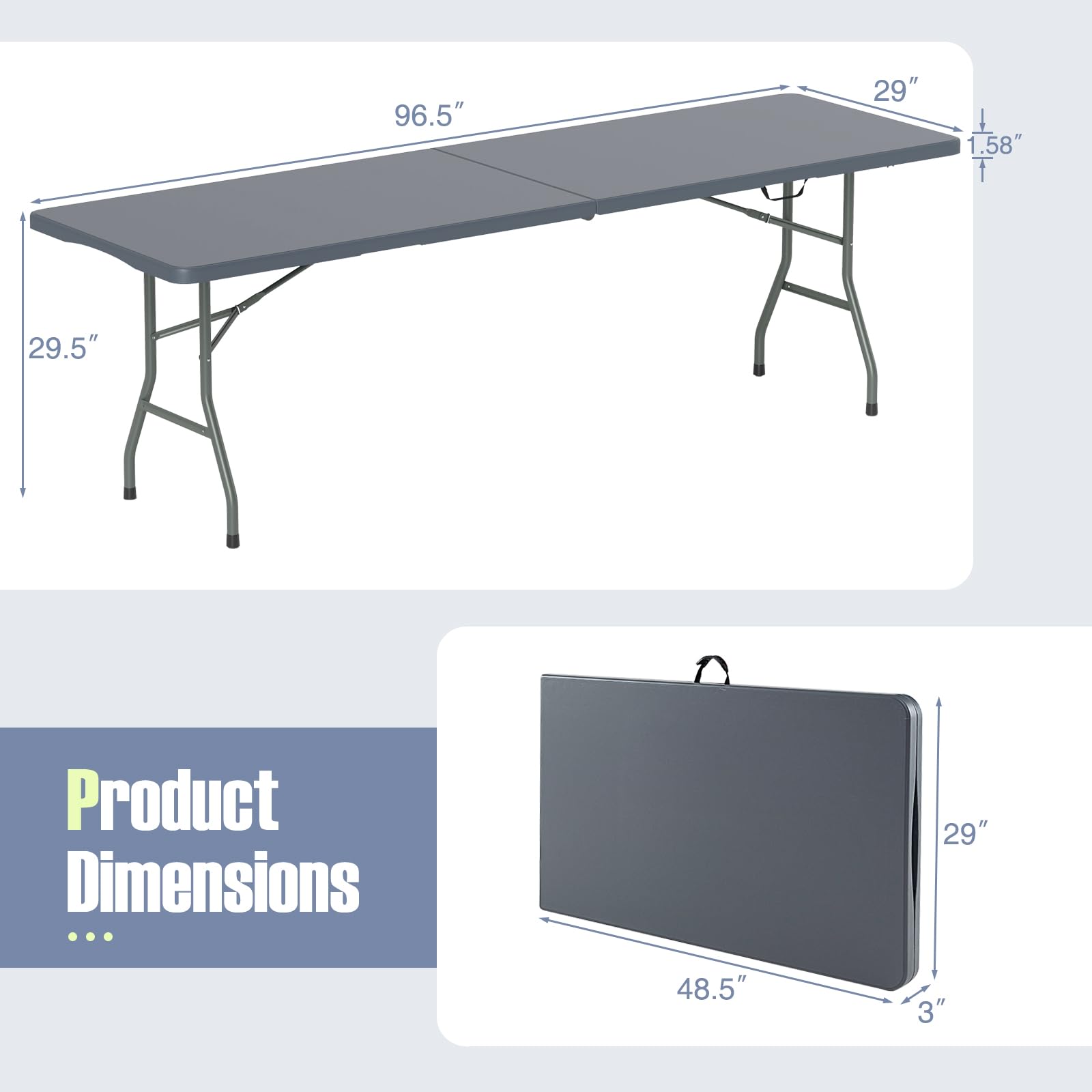 8ft Plastic Folding Table, 350 LBS Outdoor Heavy Duty Folding Tables with HDPE Tabletop, Handle