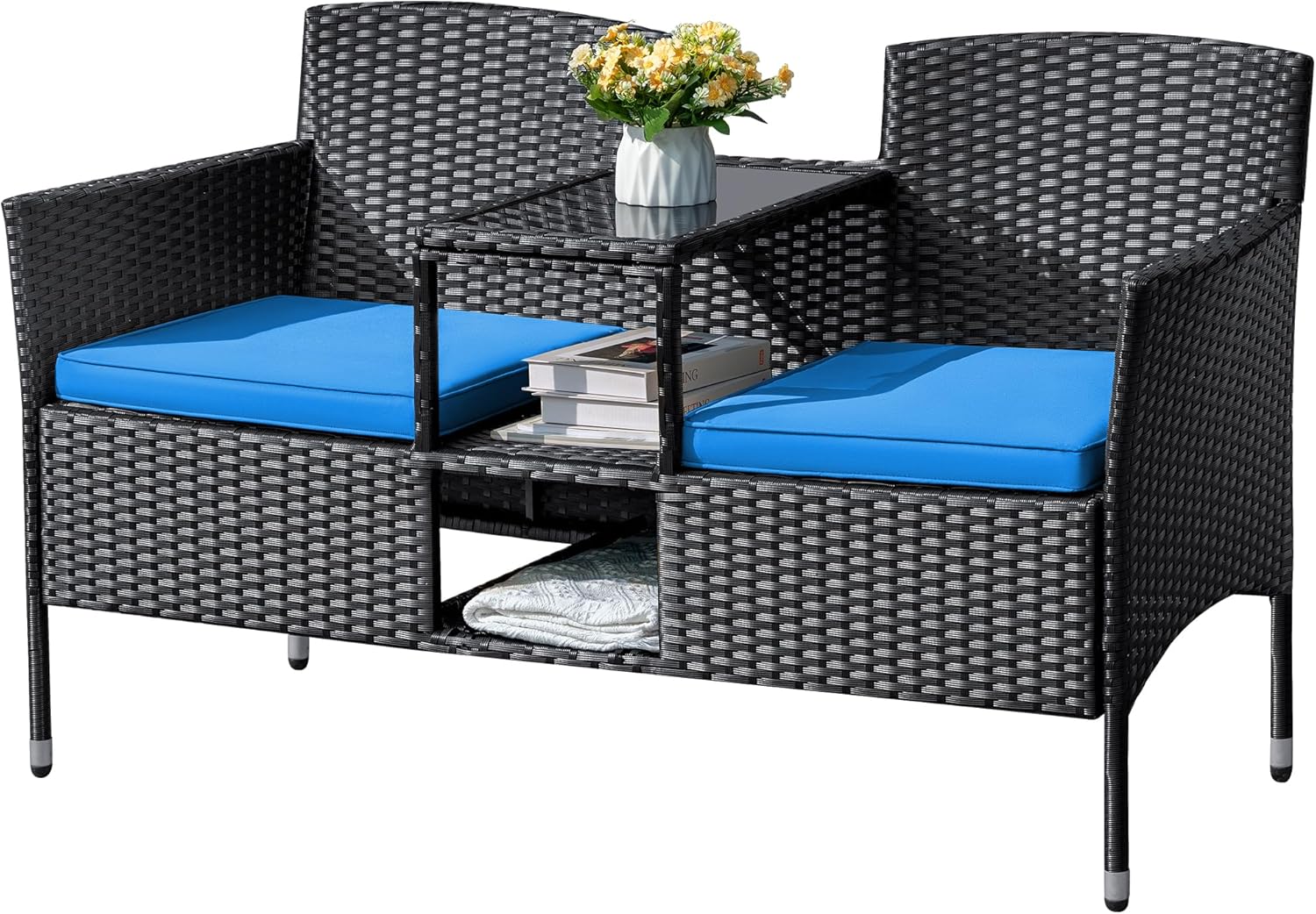 Outdoor Furniture Patio Loveseat Wicker 2-Seat with Built-in Table and Cushions Rattan Porch Chairs Bench for Balcony, Lawn, Backyard (Beige)