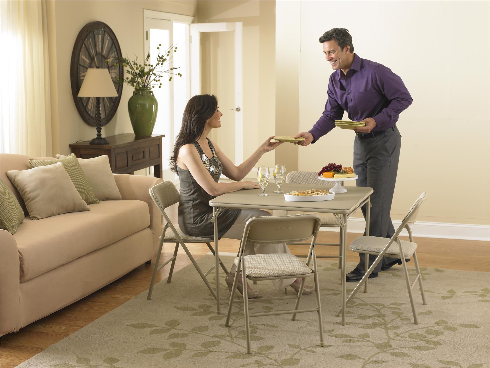 5-Piece Folding Dining Set with Card Table and 4 Fabric Padded Chairs, Tan