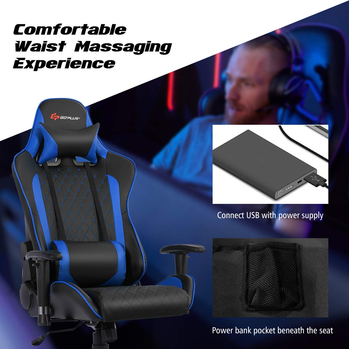 Gaming Desk & Chair Combo Set, Racing Style Home Office Gamer Workstation w/Massage Lumbar Support & Headrest