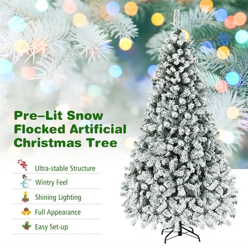 Premium Pre-Lit Snow Flocked Artificial Christmas Tree with Hinged Branch Tips & LED Lights